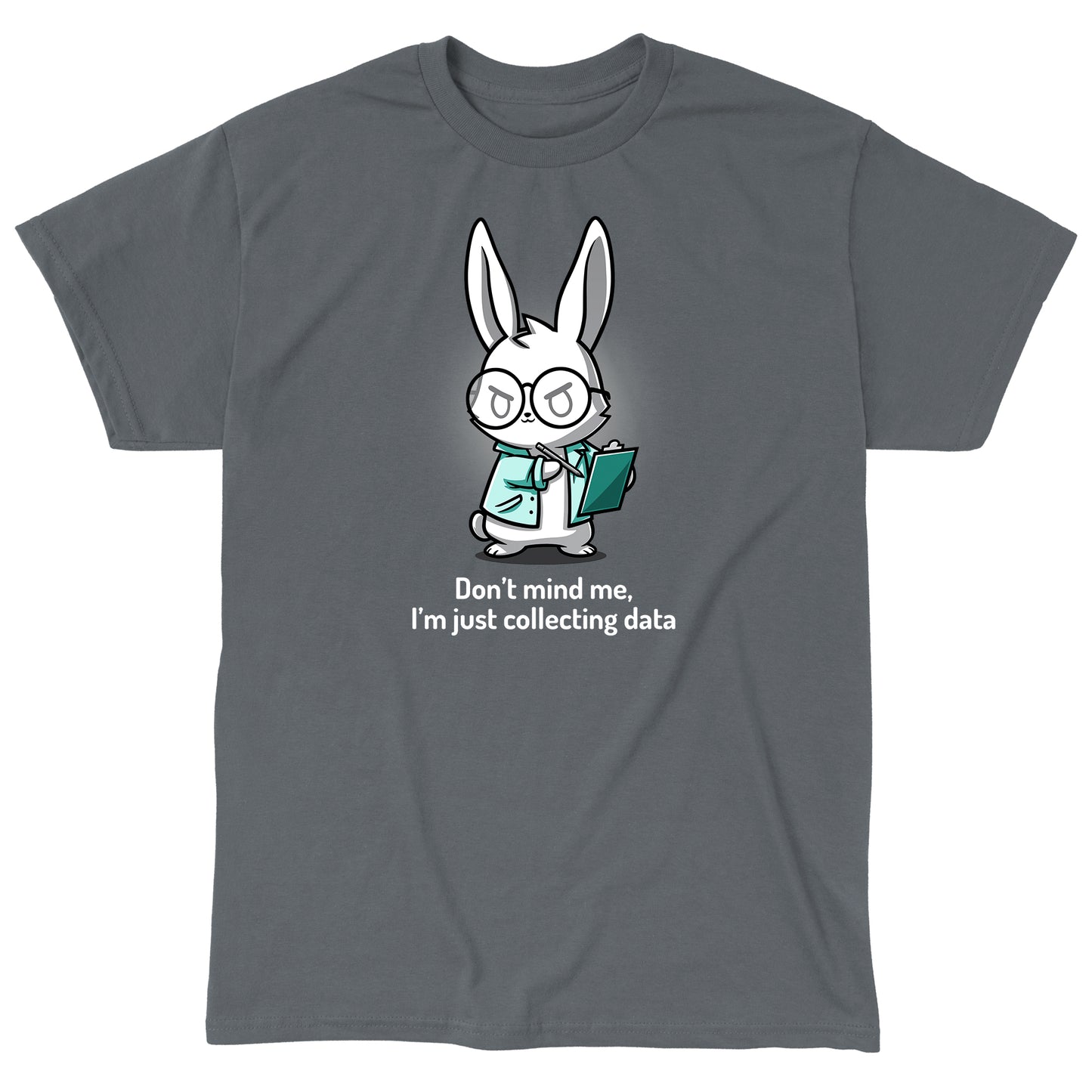 Classic Cotton T-shirt_TeeTurtle Just Collecting Data Charcoal Gray t-shirt featuring a cartoon rabbit wearing glasses and a lab coat holding a clipboard.