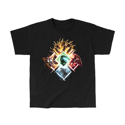 Classic Cotton T-shirt_TeeTurtleb lack Kaiju Vortex apparel featuring King Ghidorah, Mothra, Godzilla, Rodan, and Mechagodzilla in diamond-shaped frames grouped together to form a large diamond.
