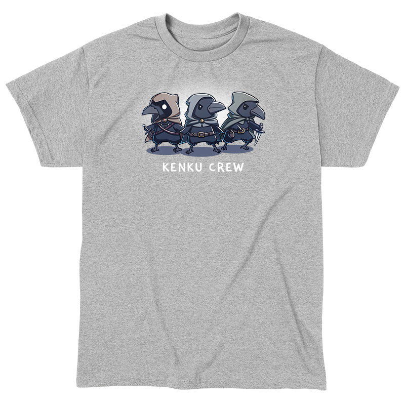Classic Cotton T-shirt_TeeTurtle heather gray Kenku Crew apparel featuring three hooded Kenku from Dungeons & Dragons with the lefthand Kenku holding a sword, and the righthand Kenku holding a small dagger.