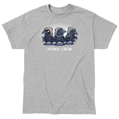 Classic Cotton T-shirt_TeeTurtle heather gray Kenku Crew apparel featuring three hooded Kenku from Dungeons & Dragons with the lefthand Kenku holding a sword, and the righthand Kenku holding a small dagger.
