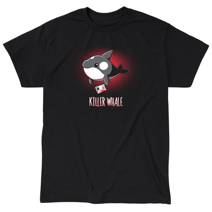 Classic Cotton T-shirt_TeeTurtle Killer Whale black t-shirt featuring an orca whale holding a bloody knife in its flipper.