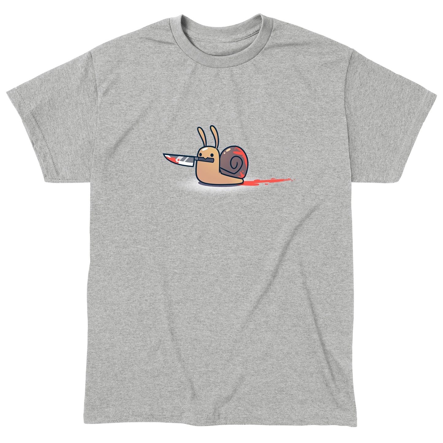 Classic Cotton T-shirt_TeeTurtle sport gray Killer Snail. Featuring a bloody snail holding a bloody knife in its mouth.