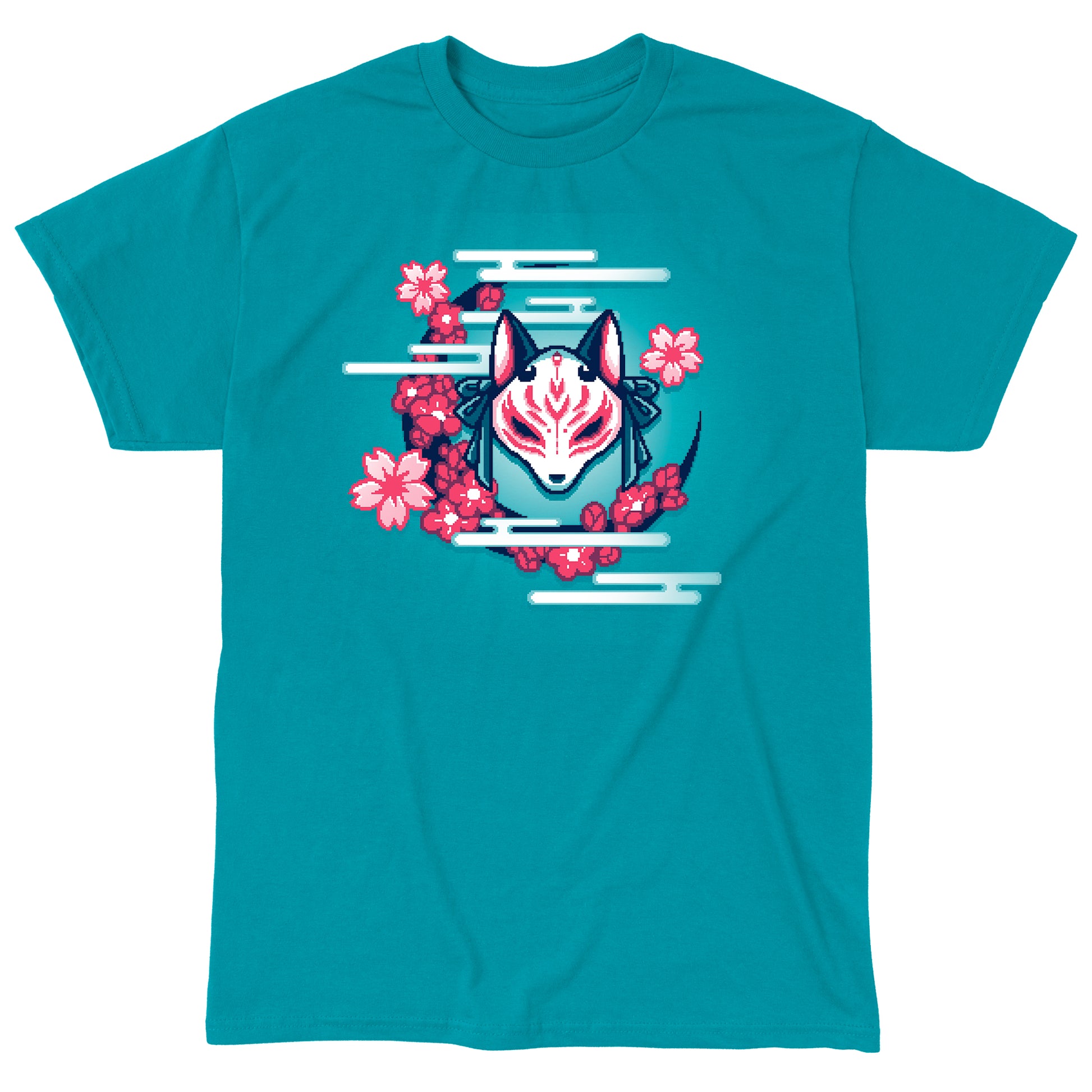 Classic Cotton T-shirt_TeeTurtle Kitsune Mask Pixel Art tropical blue t-shirt depicts a pixel art of a white fox mask with red markings and tied bows by a crescent of pink cherry blossoms and stylized white smoke.