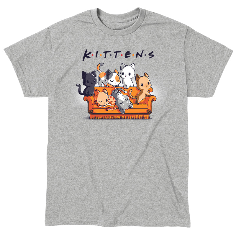 Classic Cotton T-shirt_TeeTurtle Kittens heather gray t-shirt featuring six kittens in various colors and patterns sitting and lying on an orange couch with the word "Kittens" spelled out above them.