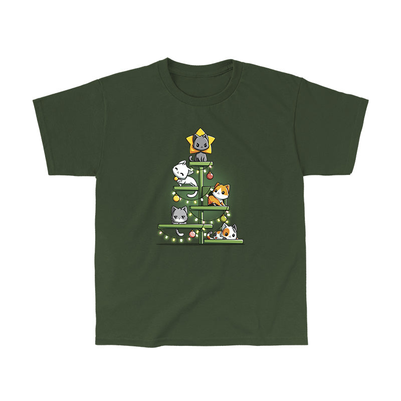 Classic Cotton T-shirt_TeeTurtle forest green Kitty Christmas Tree t-shirt featuring a group of cats on a cat tree with holiday decor draped on it.