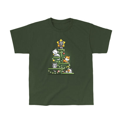 Classic Cotton T-shirt_TeeTurtle forest green Kitty Christmas Tree t-shirt featuring a group of cats on a cat tree with holiday decor draped on it.