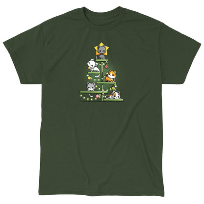 Classic Cotton T-shirt_TeeTurtle forest green Kitty Christmas Tree t-shirt featuring a group of cats on a cat tree with holiday decor draped on it.