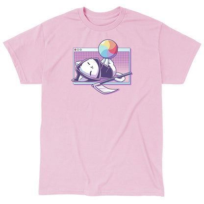 Classic Cotton T-shirt_TeeTurtle light pink Kitty Wheel of Death featuring a cat in a grim reaper costume balancing a ball that looks like a loading screen icon with a computer window in the background.