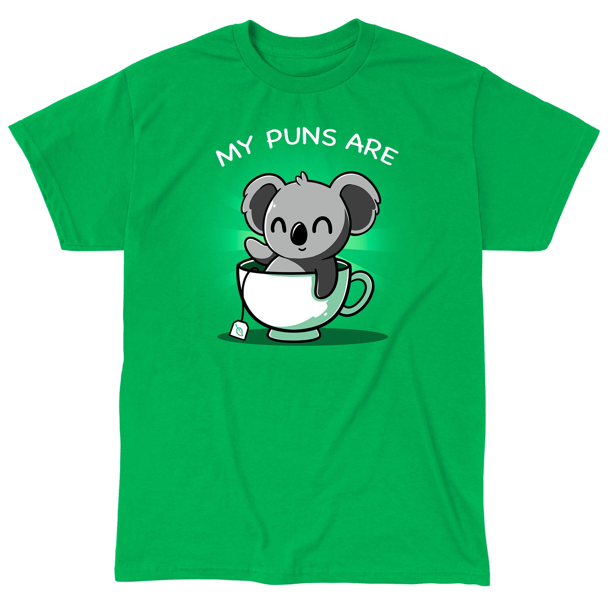 Classic Cotton T-shirt_TeeTurtle Koala Tea Puns irish green  t-shirt featuring a koala sitting in a tea cup with a pun below it.