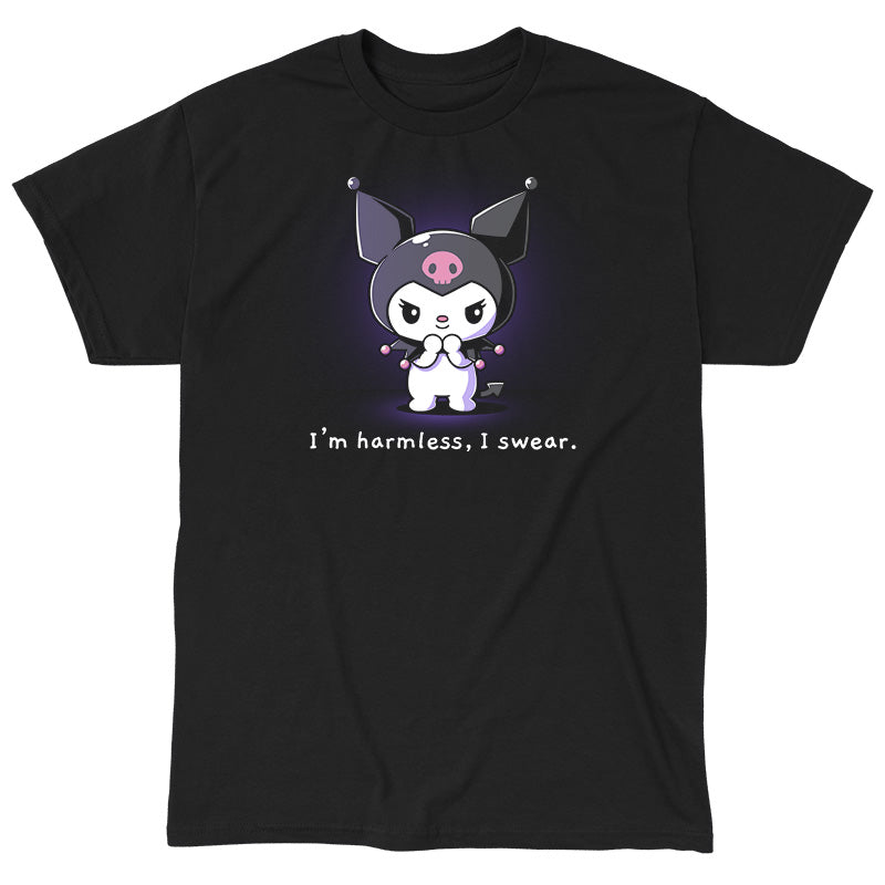 Classic Cotton T-shirt_TeeTurtle black I'm Harmless, I Swear apparel featuring Kuromi with a mischievous expression and her paws clasped together underneath her chin with the bottom caption, “I'm Harmless, I Swear.“.