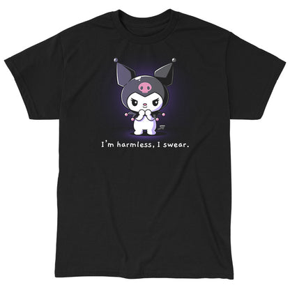Classic Cotton T-shirt_TeeTurtle black I'm Harmless, I Swear apparel featuring Kuromi with a mischievous expression and her paws clasped together underneath her chin with the bottom caption, “I'm Harmless, I Swear.“.