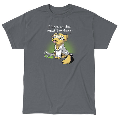 Classic Cotton T-shirt_TeeTurtle charcoal gray Lab Experiment. Featuring a golden labrador retriever in a lab coat and safety glasses who has no idea what it's doing.