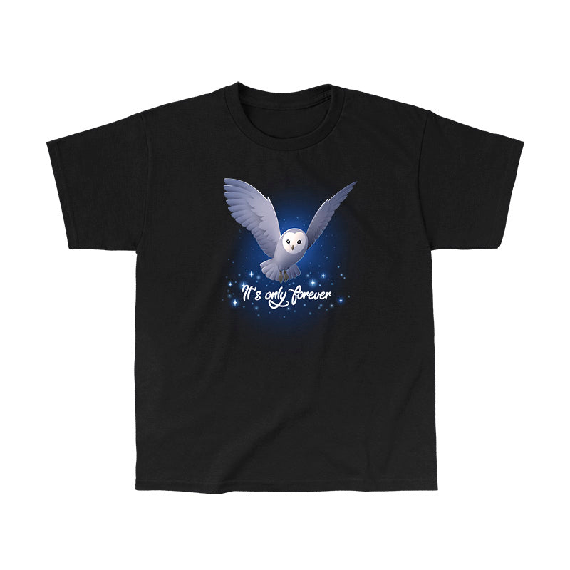 Classic Cotton T-shirt_TeeTurtle black It's Only Forever apparel featuring Jareth the Goblin King from the Labyrinth as a barn owl with its wings extended, and the caption in script, “It's Only Forever“.