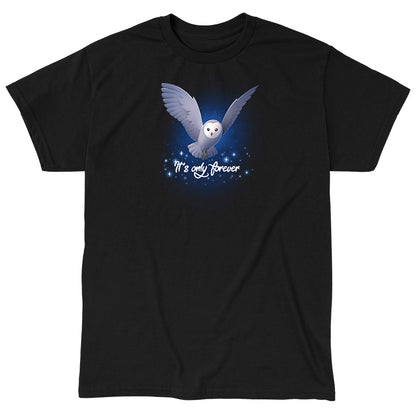 Classic Cotton T-shirt_TeeTurtle black It's Only Forever apparel featuring Jareth the Goblin King from the Labyrinth as a barn owl with its wings extended, and the caption in script, “It's Only Forever“.