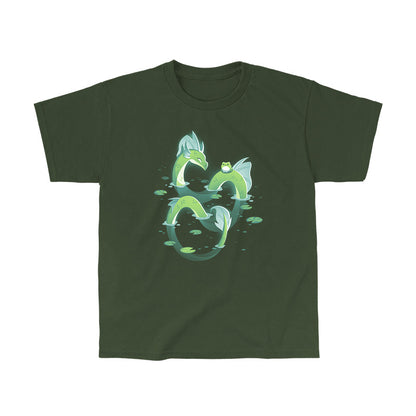 Classic Cotton T-shirt_TeeTurtle Lagoon Dragon forest green t-shirt featuring an artistic dragon in water with a frog on him.