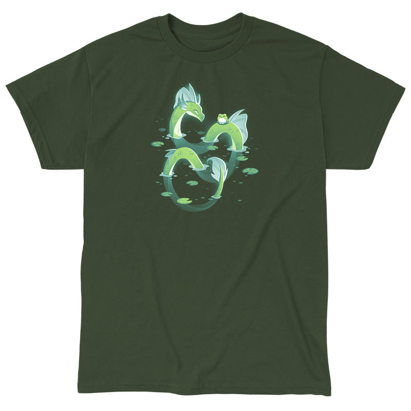 Classic Cotton T-shirt_TeeTurtle Lagoon Dragon forest green t-shirt featuring an artistic dragon in water with a frog on him.