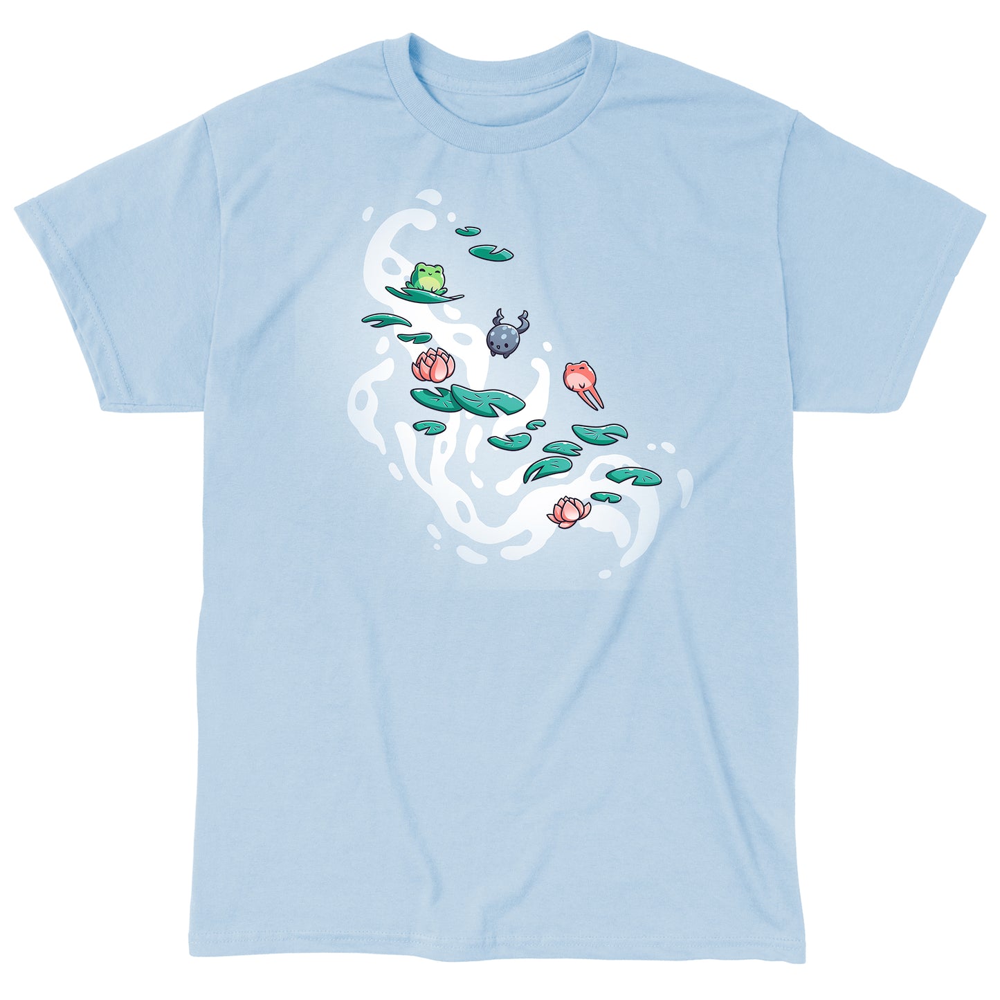 Classic Cotton T-shirt_TeeTurtle Leaping Lily Pads light blue t-shirt featuring a green, gray and red frog hopping onto lily pads.