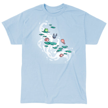 Classic Cotton T-shirt_TeeTurtle Leaping Lily Pads light blue t-shirt featuring a green, gray and red frog hopping onto lily pads.