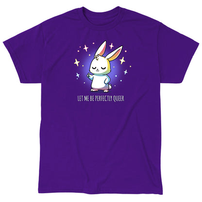 Classic Cotton T-shirt_TeeTurtle Let Me Be Perfectly Queer purple t-shirt featuring a confident rabbit with closed eyes, surrounded by stars.