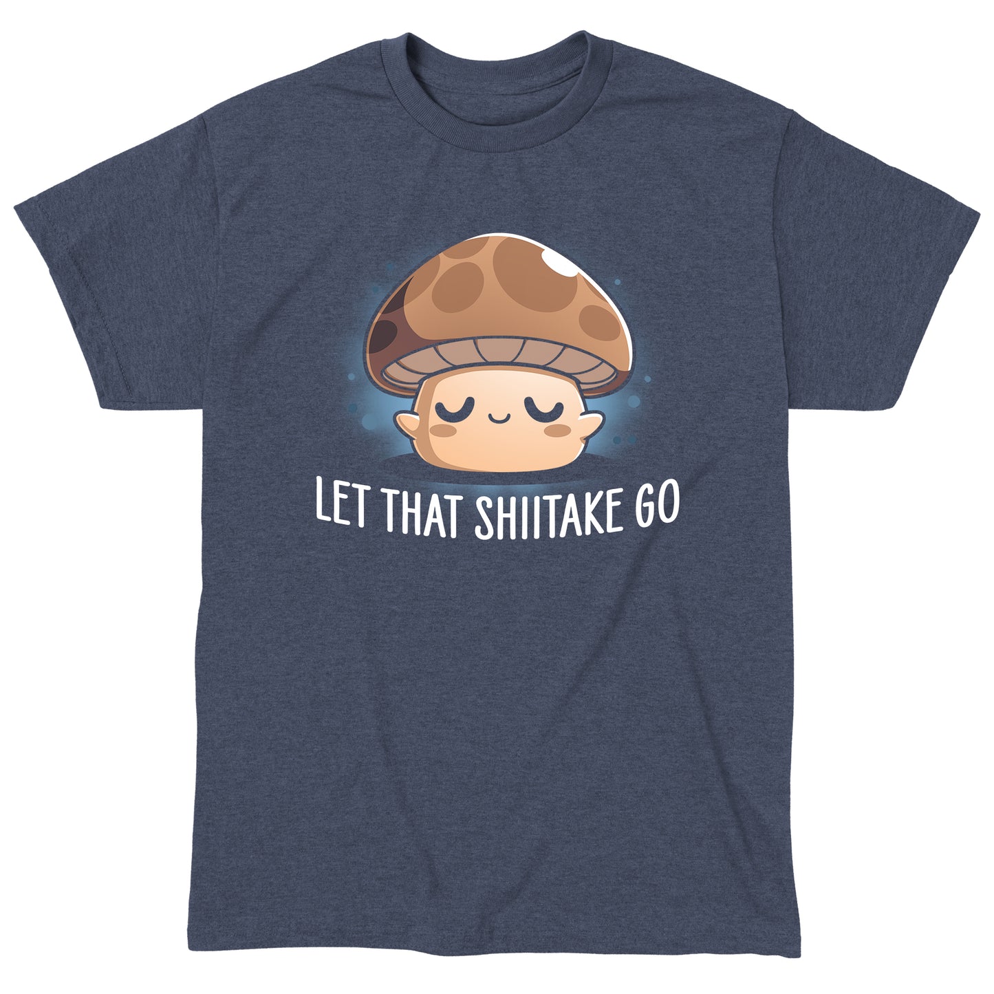 Classic Cotton T-shirt_TeeTurtle Let That Shiitake Go heather navy t-shirt featuring a cute zen mushroom with its eyes closed and a pun underneath it.