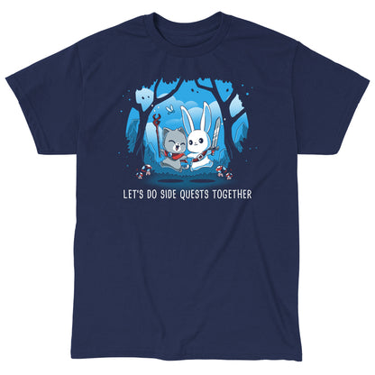 Classic Cotton T-shirt_TeeTurtle Let’s Do Side Quests Together navy blue t-shirt featuring a cat with a staff and a bunny with a sword surrounded by trees and mushrooms.