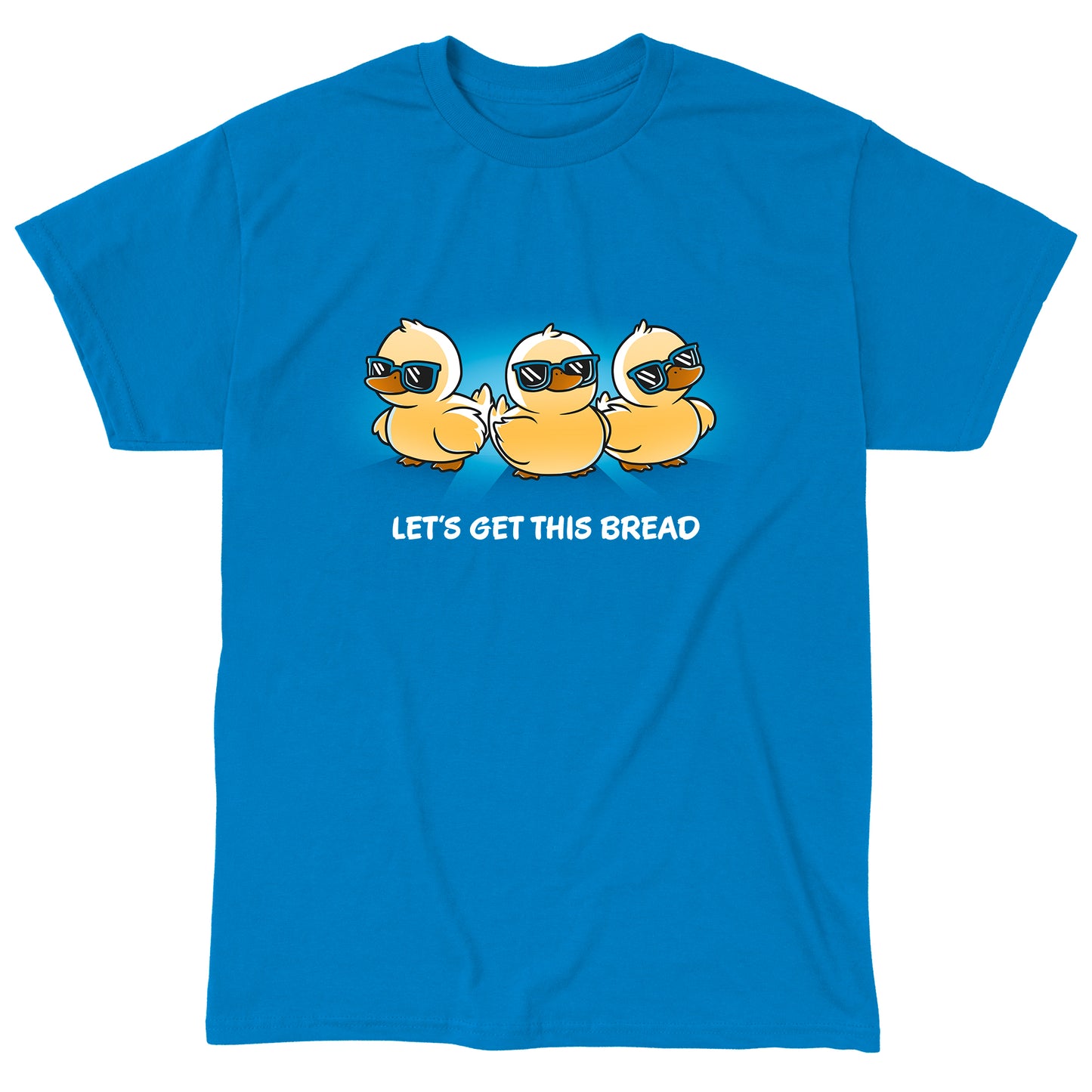 Classic Cotton T-shirt_TeeTurtle Lets Get This Bread sapphire blue T-shirt featuring Three cartoon ducklings wearing sunglasses.