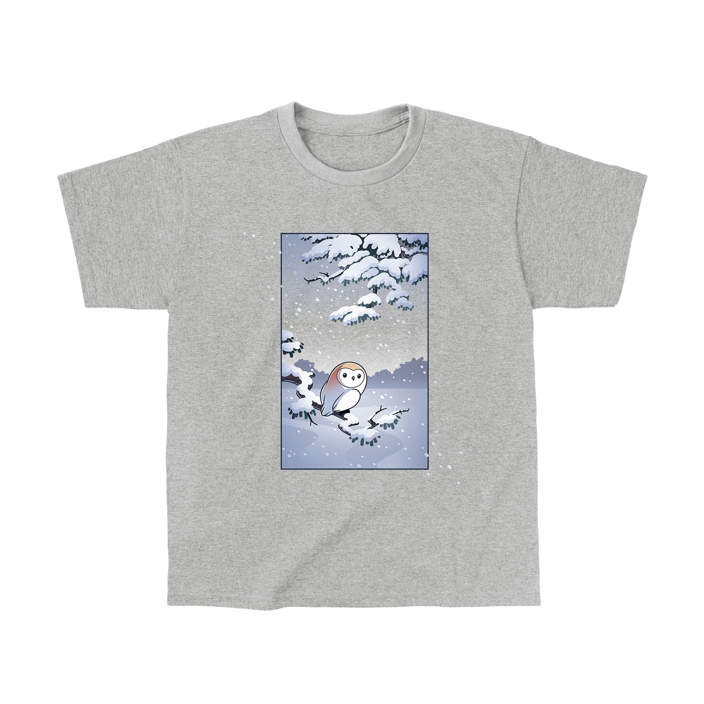 Classic Cotton T-shirt_TeeTurtle heather gray Snowy Owl apparel featuring a barn owl perched on a snowy branch with snow falling in the background.