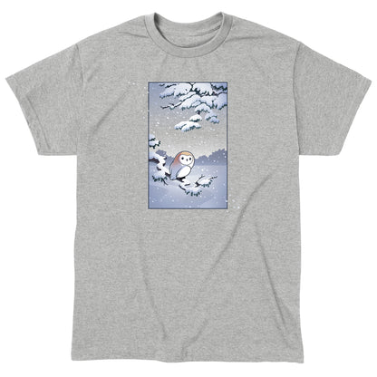 Classic Cotton T-shirt_TeeTurtle heather gray Snowy Owl apparel featuring a barn owl perched on a snowy branch with snow falling in the background.