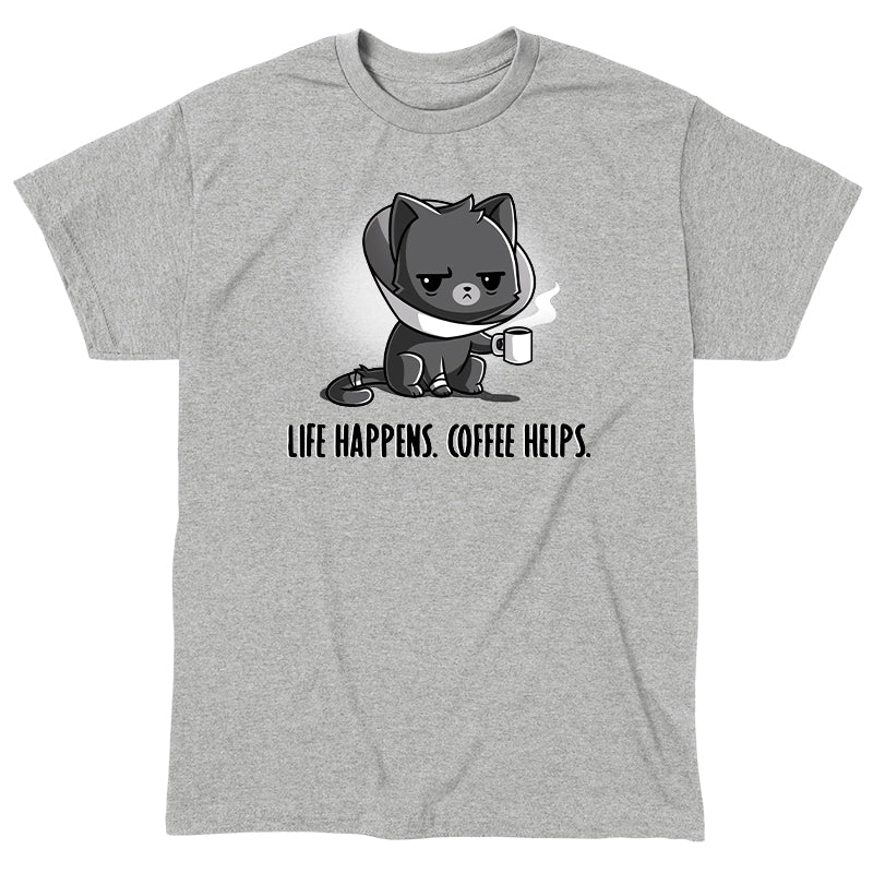 Classic Cotton T-shirt_TeeTurtle Life Happens. Coffee Helps. heather gray t-shirt featuring a cat with a medical cone holding a steaming mug. The text below reads, "Life happens. Coffee helps."