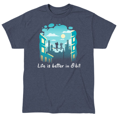 Classic Cotton T-shirt_TeeTurtle Life Is Better in 8-bit heather navy t-shirt featuring pixel art cityscape with two cats sitting on top of a lamppost under a partly cloudy sky. Text at the bottom reads "Life Is Better in 8-Bit." 