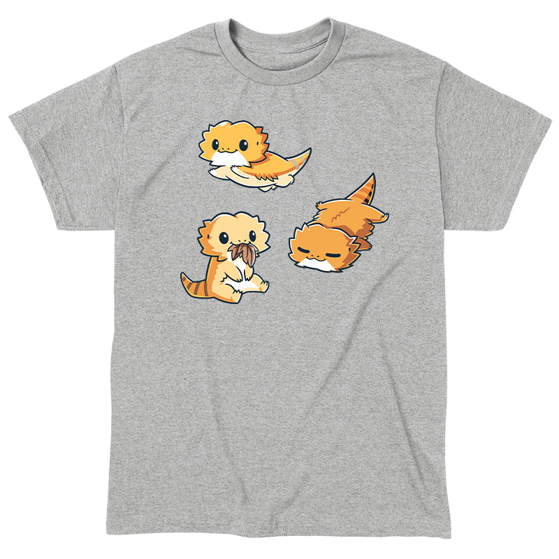 Classic Cotton T-shirt_TeeTurtle Lil Bearded Dragons Heather Gray t-shirt featuring three cartoon-style illustrations of Lil' Bearded Dragons in various poses: sitting and holding food, laying down, and standing on all fours with a happy expression.