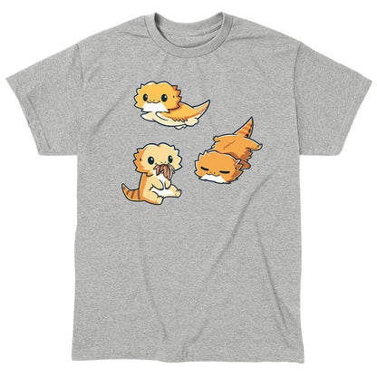 Classic Cotton T-shirt_TeeTurtle Lil Bearded Dragons Heather Gray t-shirt featuring three cartoon-style illustrations of Lil' Bearded Dragons in various poses: sitting and holding food, laying down, and standing on all fours with a happy expression.