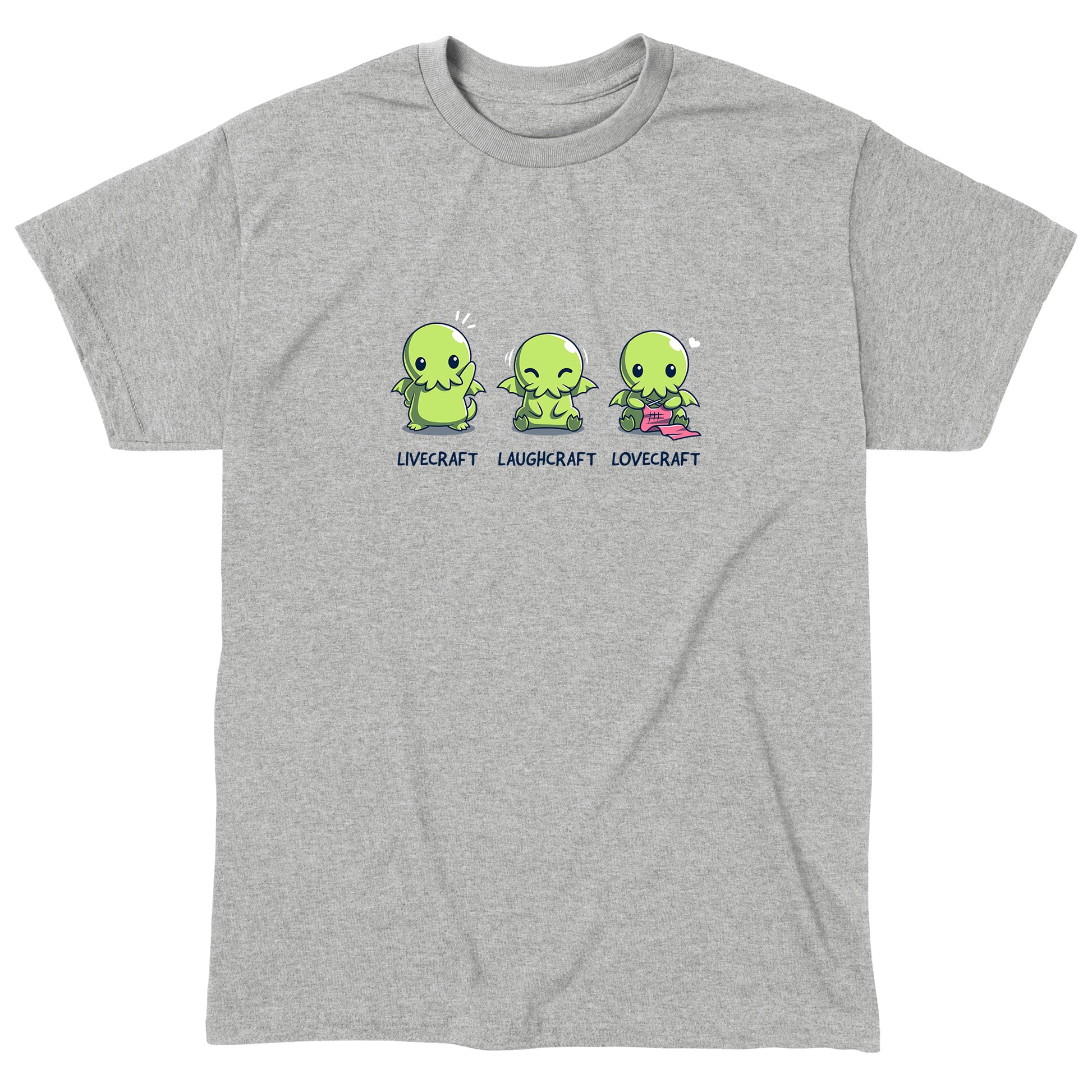 Classic Cotton T-shirt_TeeTurtle sport gray Livecraft, Laughcraft, Lovecraft. Featuring a chibi Cthulhu waving, laughing, and crafting.