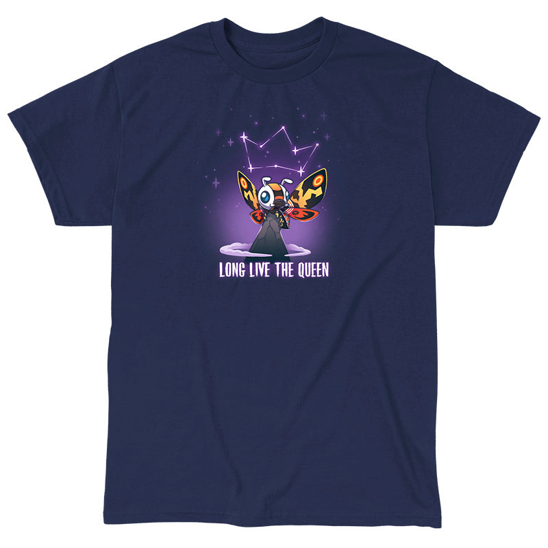 Classic Cotton T-shirt_TeeTurtle navy blue Long Live The Queen apparel featuring Mothra perched on a mountain peak with a constellation of stars forming a crown above her head, with the caption, “Long Live The Queen“ at the bottom.