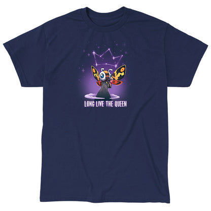 Classic Cotton T-shirt_TeeTurtle navy blue Long Live The Queen apparel featuring Mothra perched on a mountain peak with a constellation of stars forming a crown above her head, with the caption, “Long Live The Queen“ at the bottom.
