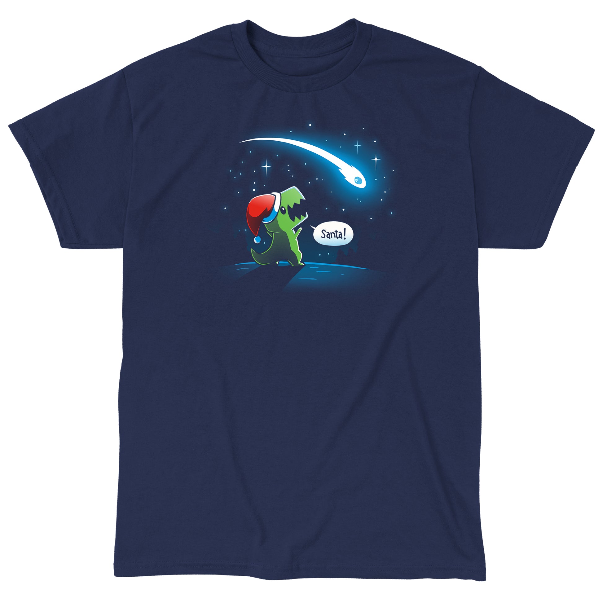 Classic Cotton T-shirt_TeeTurtle Look, Santa! navy blue t-shirt featuring a dinosaur with a Christmas santa hat on looking at a meteor, shouting “Santa!”