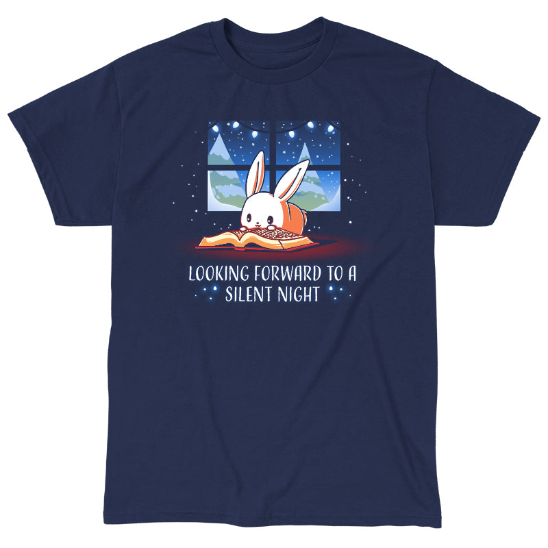 Classic Cotton T-shirt_TeeTurtle navy blue Looking Forward to a Silent Night. Featuring a reading bunny with a snowy forest outside.