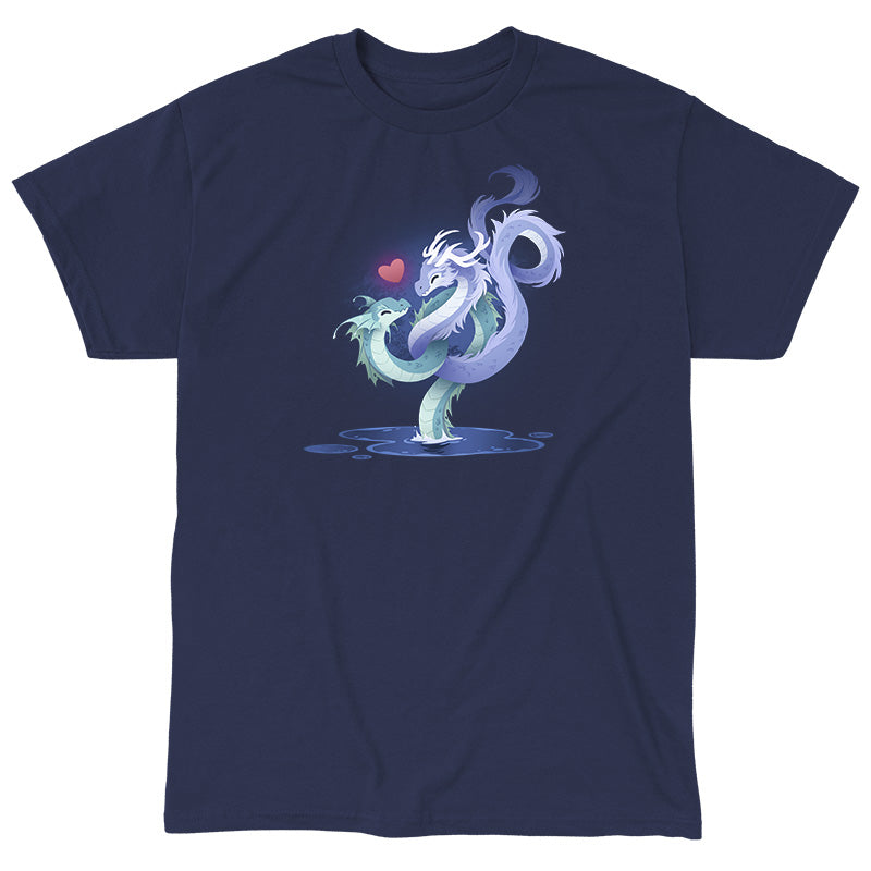 Classic Cotton T-shirt_TeeTurtle  navy blue Love Entwined apparel featuring two entwined dragons emerging from a lake.