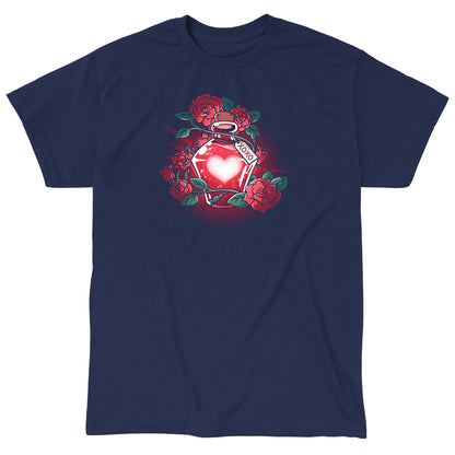 Classic Cotton T-shirt_TeeTurtle Love Potion navy blue t-shirt featuring a glowing red heart-shaped potion bottle surrounded by roses and vines. A tag with "XOXO" hangs from the bottle.