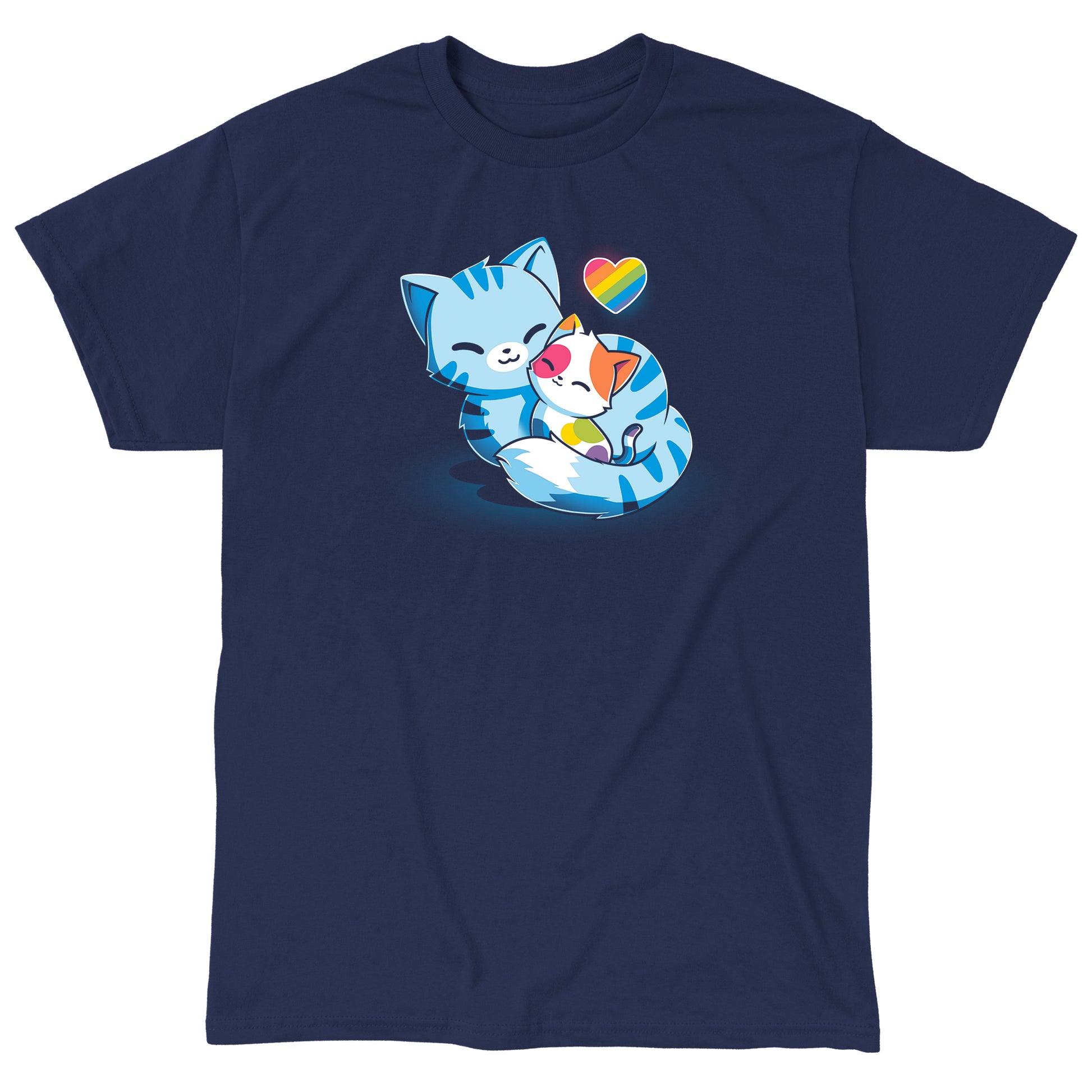  Classic Cotton T-shirt_TeeTurtle Love in All Colors navy blue t-shirt featuring two cartoon cats cuddling in a pride design. The larger cat is navy blue with stripes, and the smaller cat has multi colored patches. A rainbow-colored heart hovers above them.