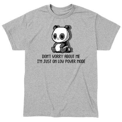 Classic Cotton T-shirt_TeeTurtle Low Power Mode heather gray t-shirt featuring pixel art of a panda sitting with the text "Don't worry about me, I'm just on low power mode" in a playful, retro style.