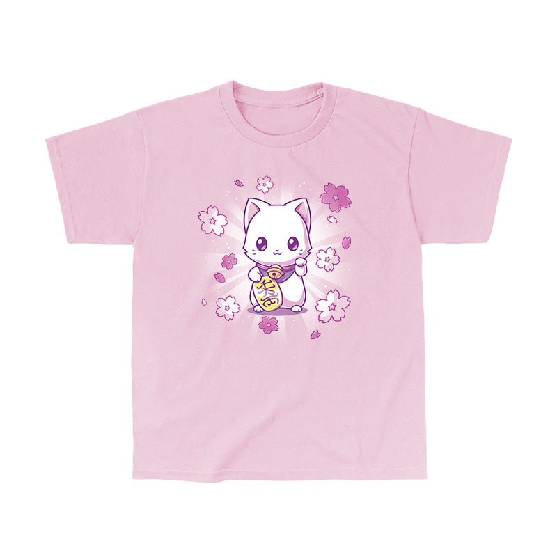 Classic Cotton T-shirt_TeeTurtle Lucky Sakura Kitty light pink t-shirt featuring a kawaii cat surrounded by flowers.