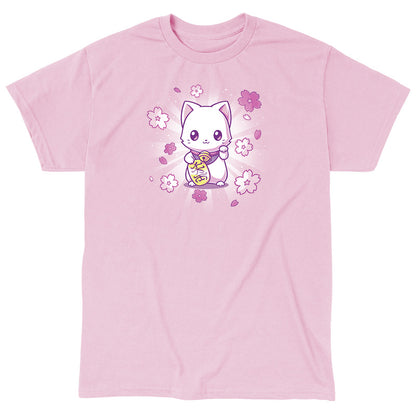 Classic Cotton T-shirt_TeeTurtle Lucky Sakura Kitty light pink t-shirt featuring a kawaii cat surrounded by flowers.