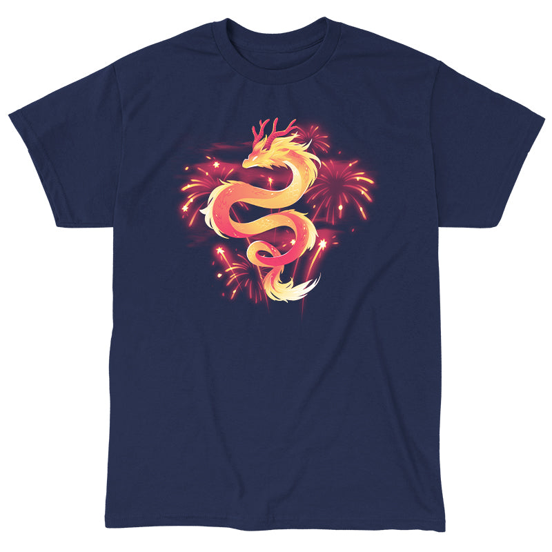 Classic Cotton T-shirt_TeeTurtle lunar new year dragon navy blue t-shirt featuring a gradon amidst fireworks.