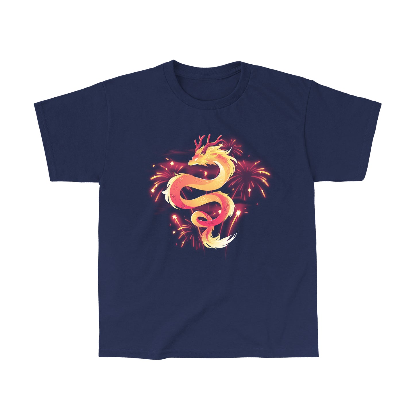 Classic Cotton T-shirt_TeeTurtle lunar new year dragon navy blue t-shirt featuring a gradon amidst fireworks.