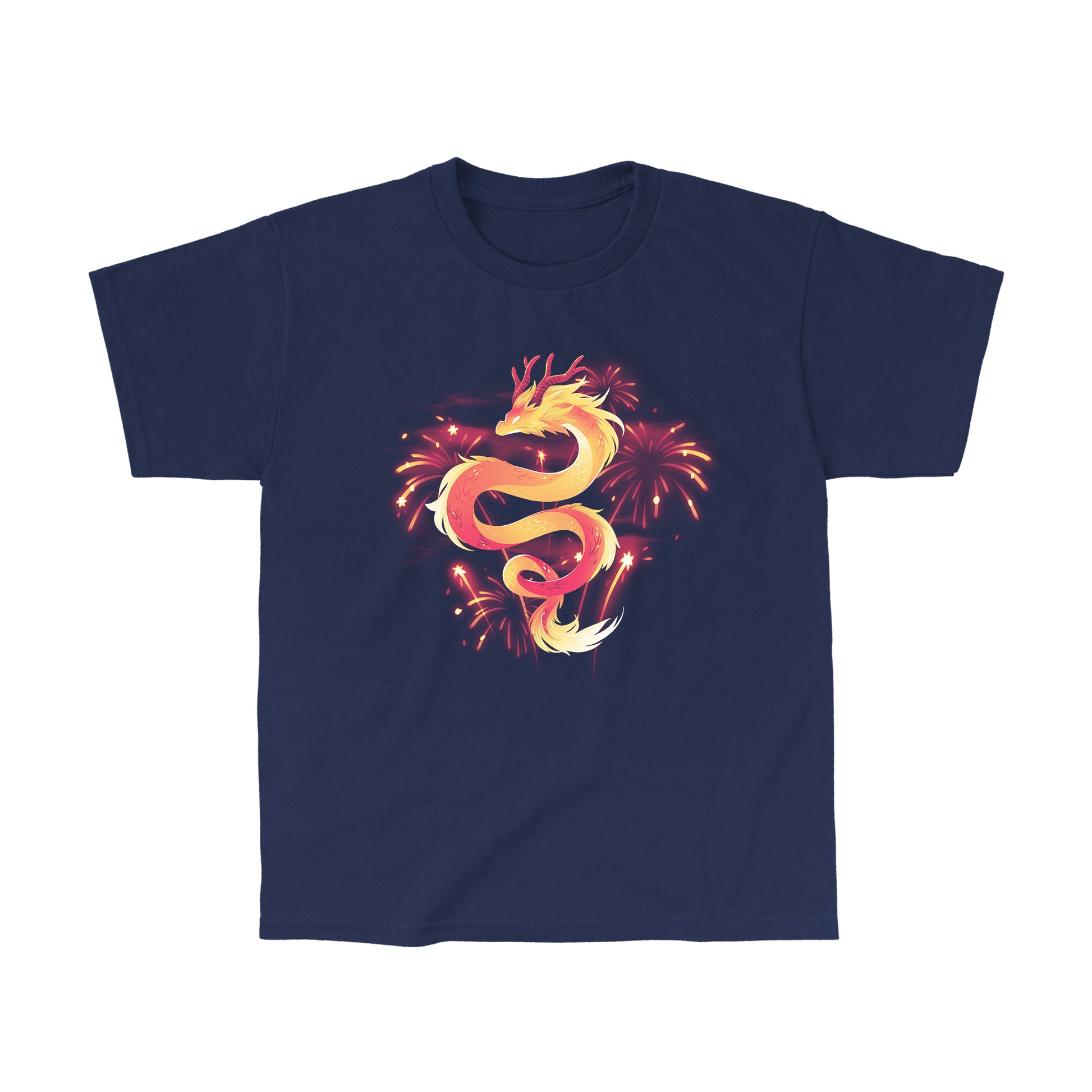 Classic Cotton T-shirt_TeeTurtle lunar new year dragon navy blue t-shirt featuring a gradon amidst fireworks.