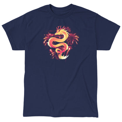 Classic Cotton T-shirt_TeeTurtle lunar new year dragon navy blue t-shirt featuring a gradon amidst fireworks.