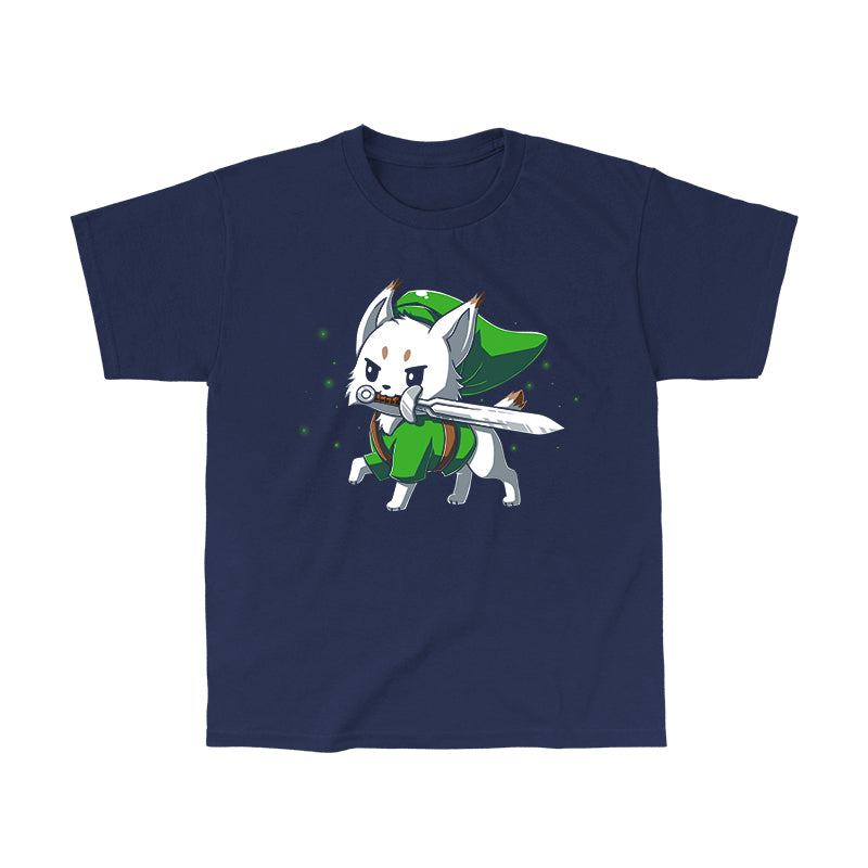  Classic Cotton T-shirt_TeeTurtle Lynx navy blue t-shirt featuring a determined white Lynx with a sword in its mouth dressed in a long green hat and matching green tunic in this fantasy video game design. 