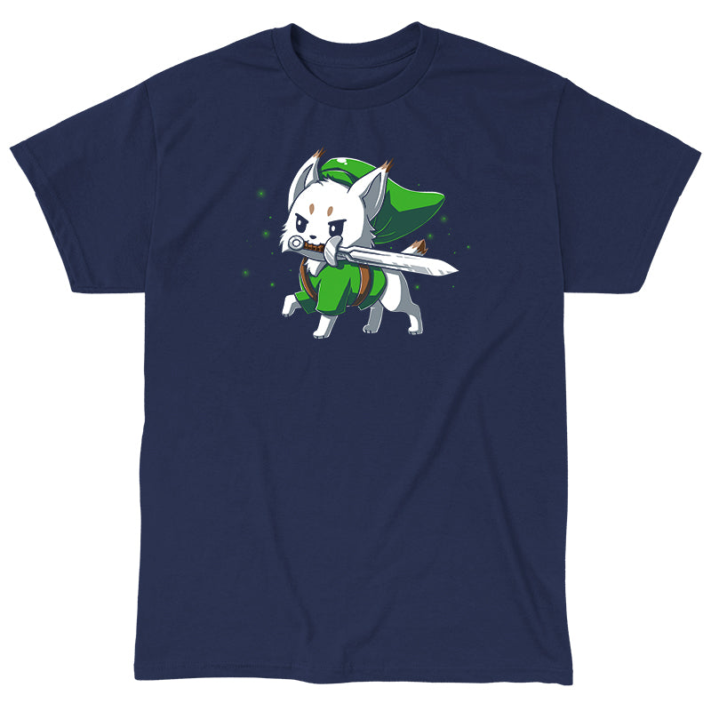  Classic Cotton T-shirt_TeeTurtle Lynx navy blue t-shirt featuring a determined white Lynx with a sword in its mouth dressed in a long green hat and matching green tunic in this fantasy video game design. 