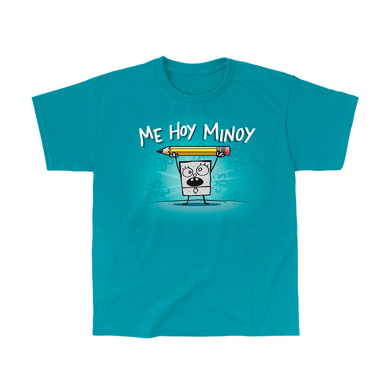 Classic Cotton T-shirt_TeeTurtle tropical blue Me Hoy Minoy apparel featuring DoodleBob from SpongeBob SquarePants yelling, “Me Hoy Minoy“ while holding up a pencil in the air with both arms, and floral outlines in the background.